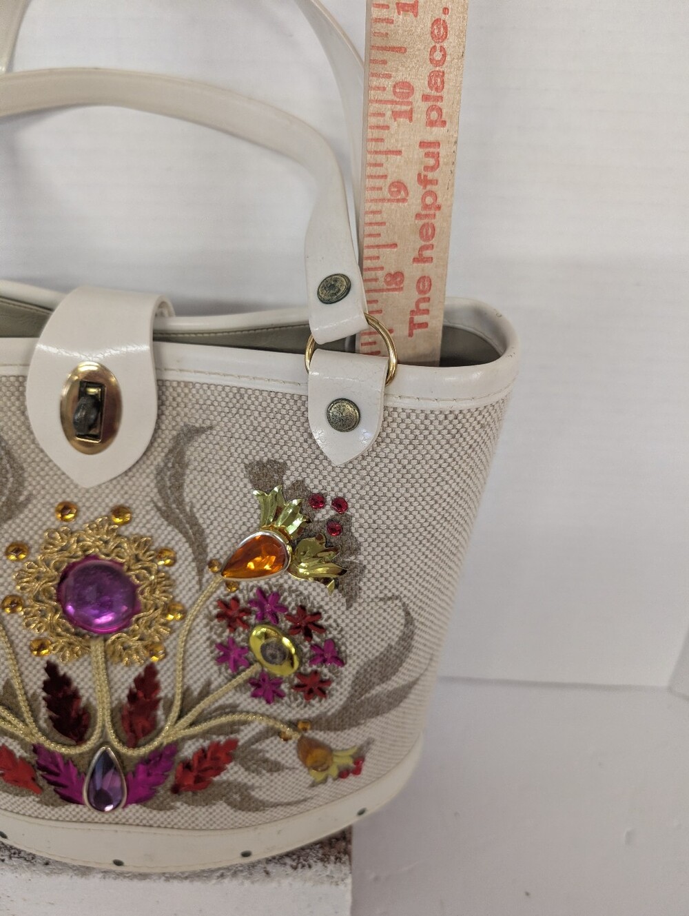 VINTAGE Bag Mini Bucket Bag Embellished Beige Pink Multicolor Gem Accents - Picture 6 of 9